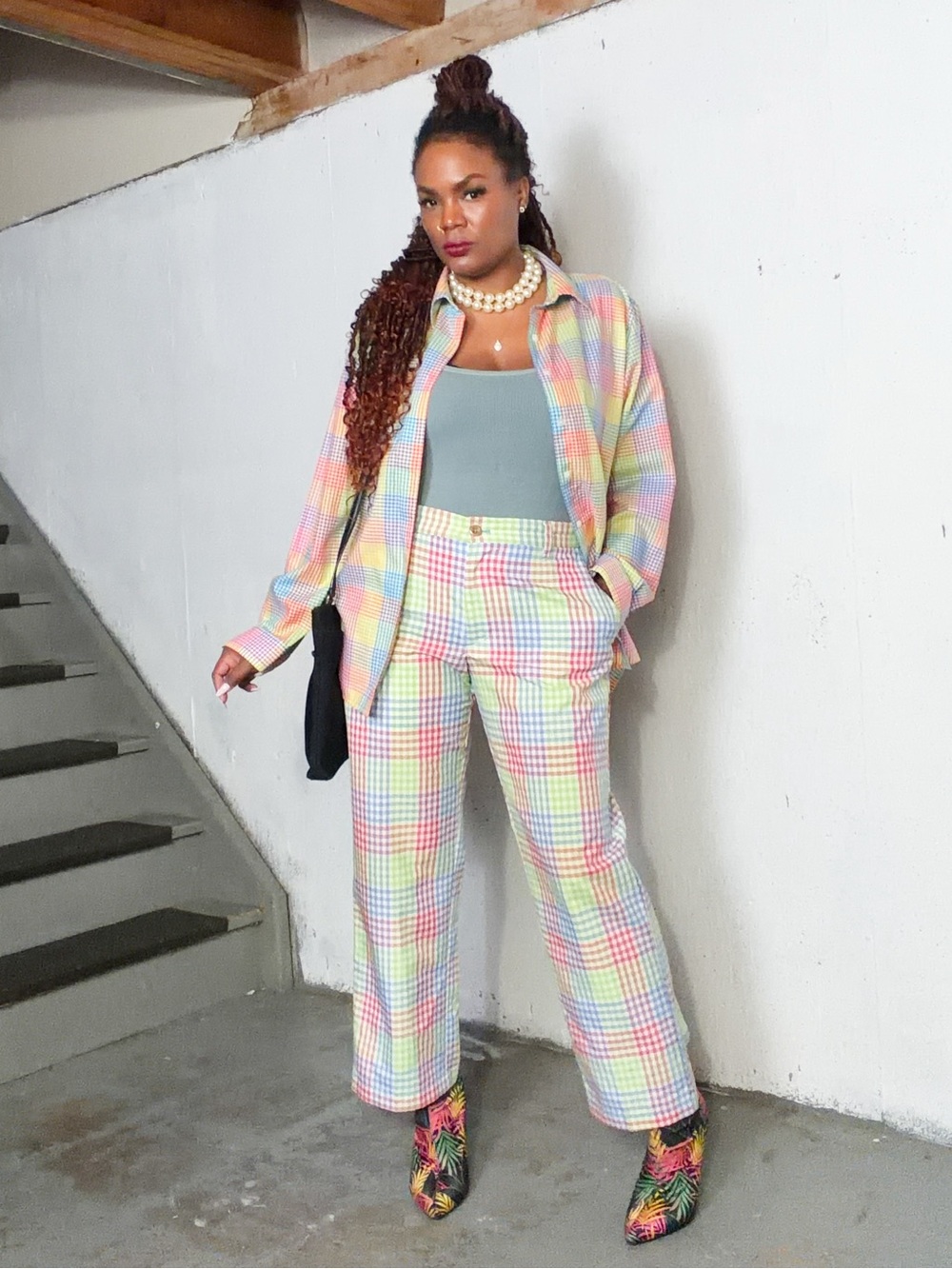 Vintage Plaid Wide-Leg Pants Set - Multicolor, Fits L